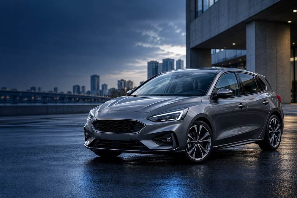 Silver hatchback parked beside modern architecture